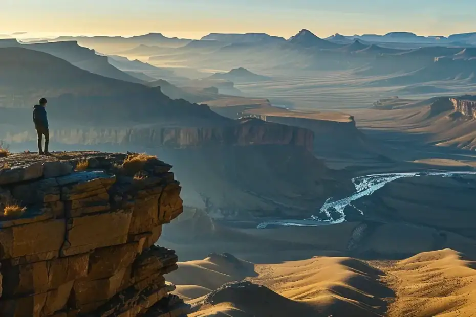 standing on a serene mountaintop, a lone nomad gazes out at the vast, awe-inspiring landscape, feeling a sense of peace and freedom wash over them.