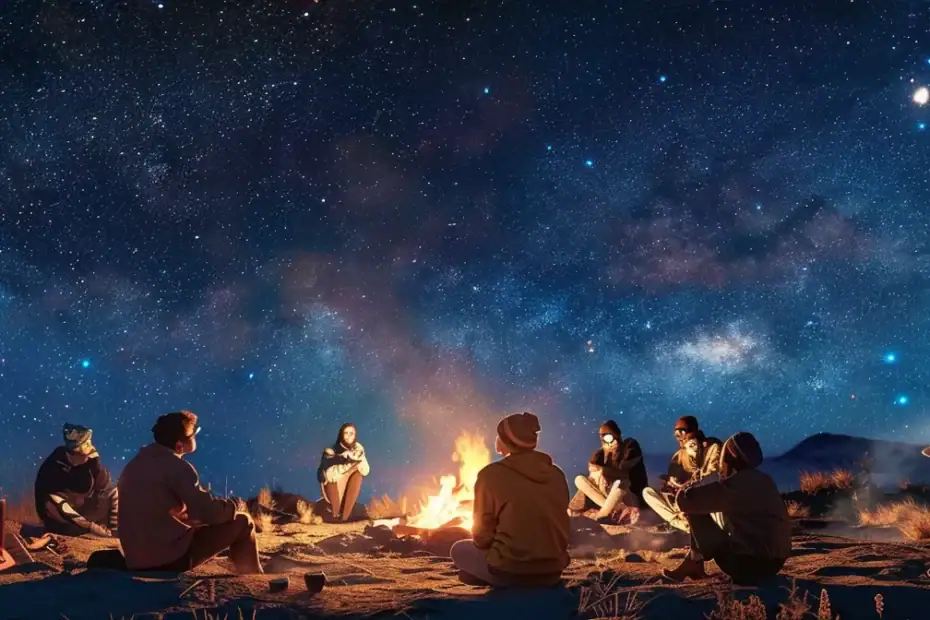 a group of diverse individuals gathered around a crackling campfire exchanging stories under a starry sky.