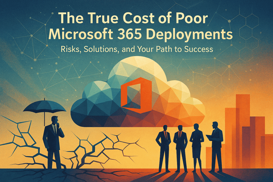 Microsoft 365 logo above cloud with business silhouettes, highlighting deployment risks and solutions.