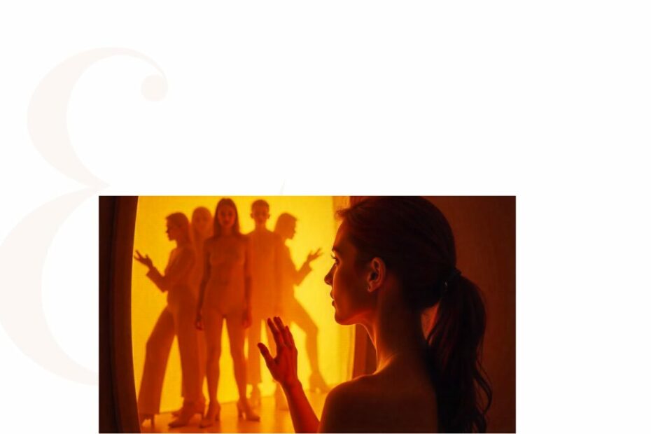 une femme devant un miroir où son reflet est représenté par différentes silouhettes.