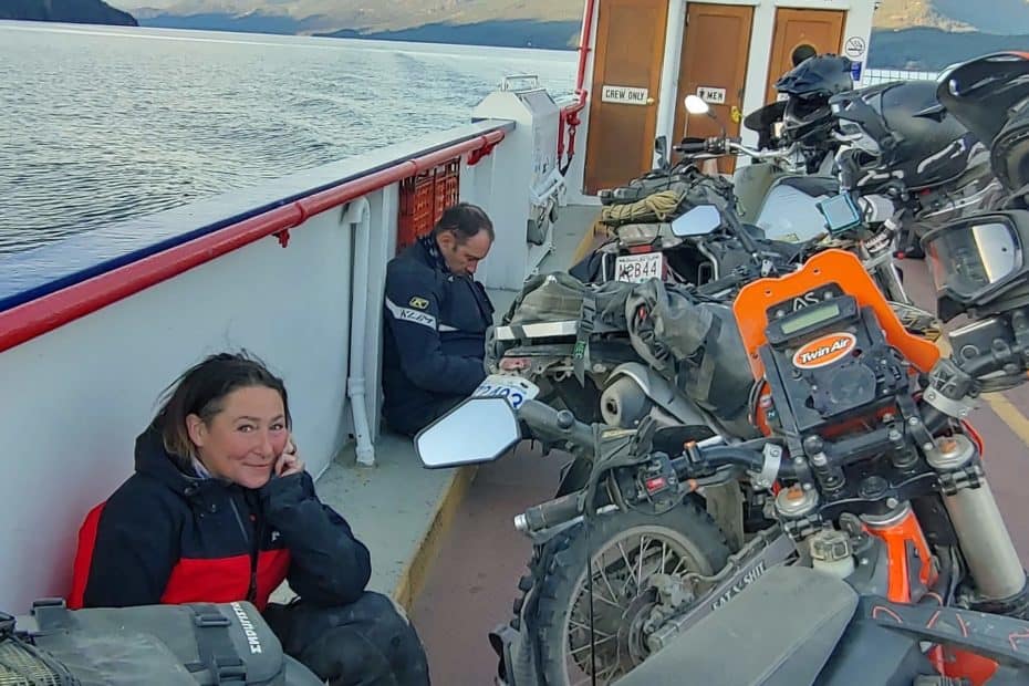 motorcycle riders resting travelling on Kootenay Lake ferry