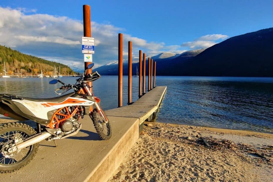 KTM 690 on the dock at Kokanee Glacier Prov park