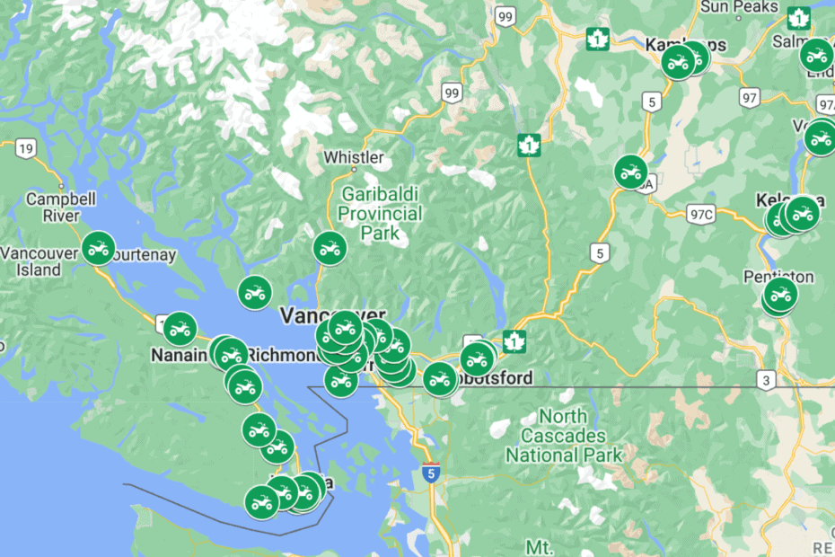 Map of motorcycle shops in BC