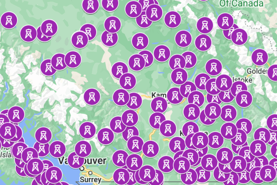 Digital downloadable map of Fire Tower Lookouts in BC