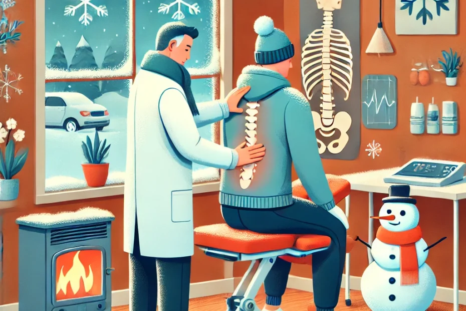 An illustration depicting a chiropractor performing a spinal adjustment on a patient in a cozy clinic setting. The background includes visual elements representing cold weather, such as a window showing snow and winter clothing. The scene emphasizes warmth and relief, with items like a heating pad symbolizing the chiropractic techniques used to manage cold-induced back pain. The overall tone is comforting and therapeutic, highlighting the benefits of chiropractic care during winter months.