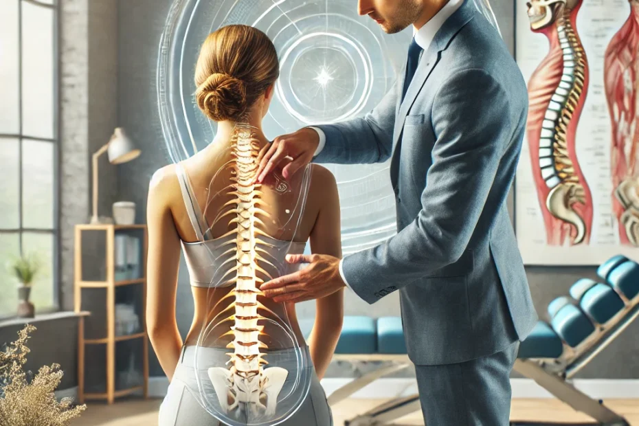 A chiropractor performing a spinal adjustment on a patient in a professional clinic setting. The scene highlights hands-on chiropractic care, emphasizing natural, non-invasive treatment for musculoskeletal pain. The environment is welcoming and professional, reinforcing the benefits of chiropractic as a first choice for pain relief.