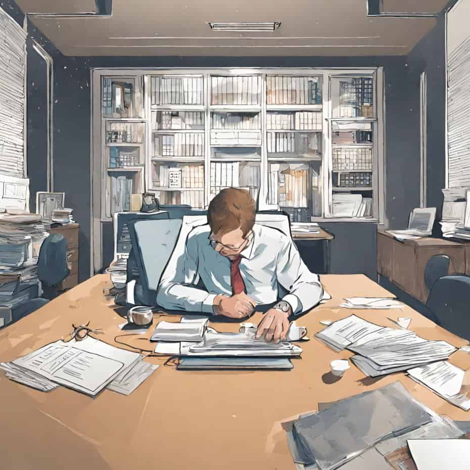Business professional working amidst paperwork and books in a busy office.