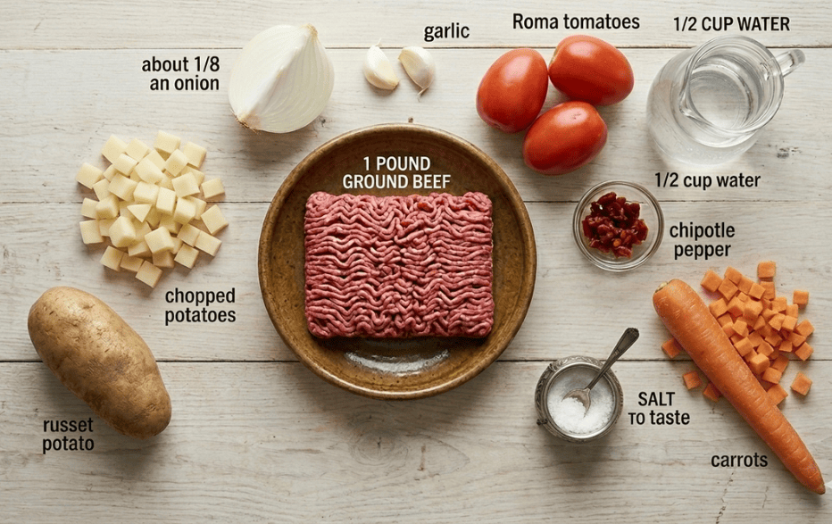 Plate of ingredients with beef, potatoes, carrots, onion, chipotle and spices Learn how to make picadillo mexicano in under 30 minutes! This easy, authentic recipe features savory ground beef, potatoes, and smoky chipotle.