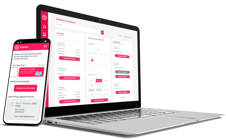 Charac pharmacy tech platform on laptop and mobile to optimise operations, enhance patient experience, and drive sustainable revenue growth
