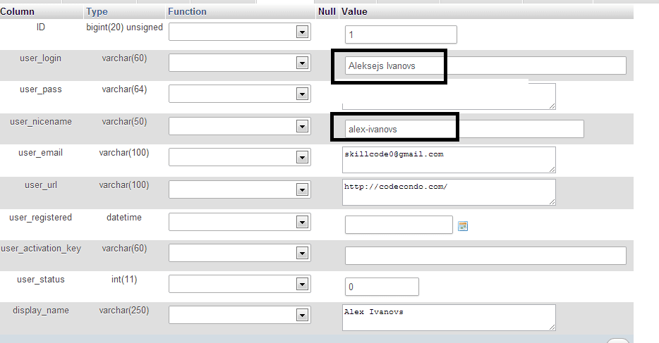 phpMyAdmin Change WordPress Login