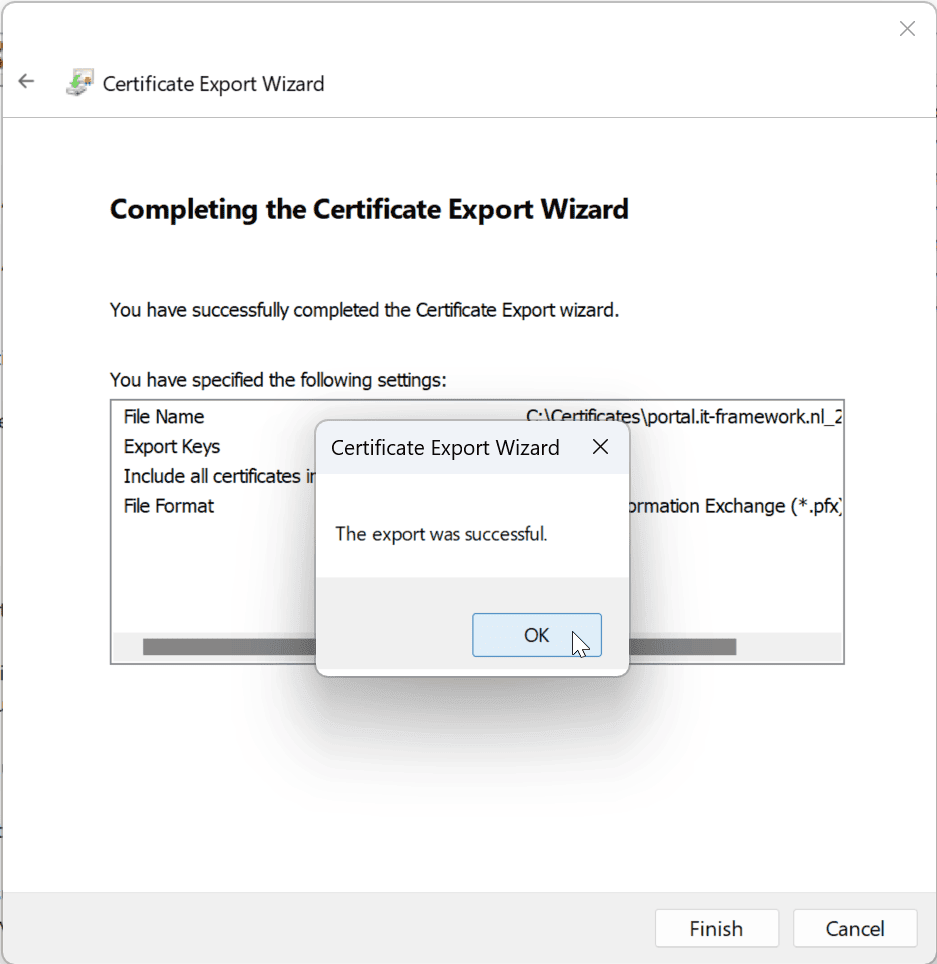 Certificate export finished