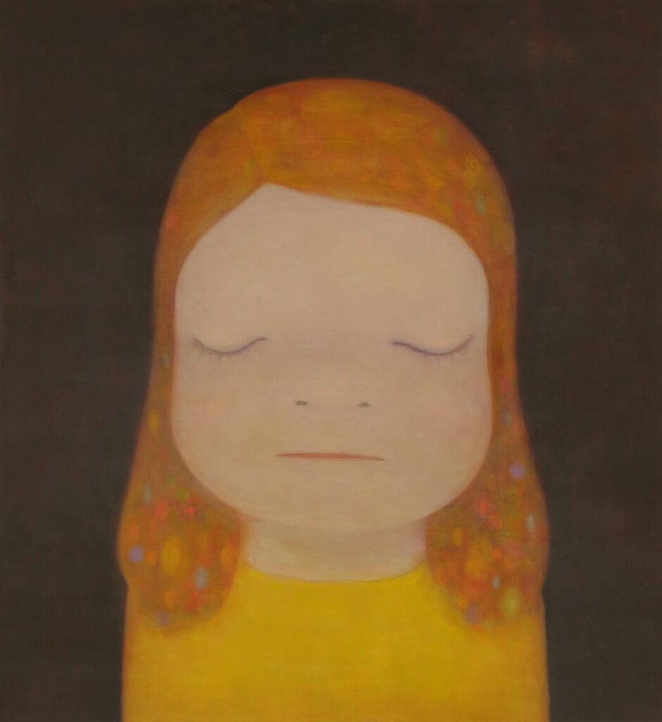 Yoshitomo Nara painting “In the Milky Lake: Thinking One,” serene figure with orange hair and closed eyes.