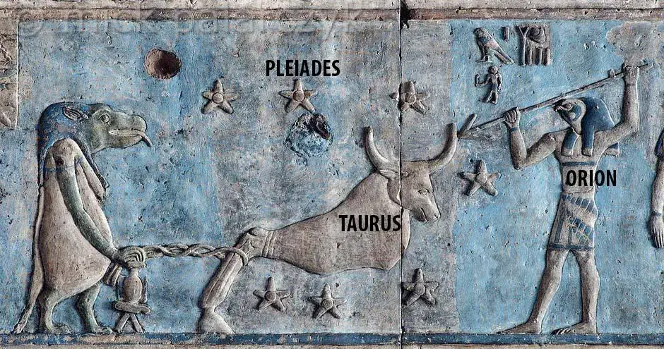 Dendera Zodiac Taurus Orion and Pleiades astronomical figures