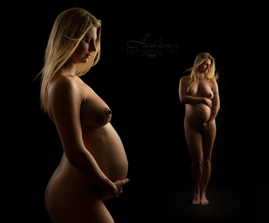 Elegant gravidfotografering av gravid kvinne i kunstnerisk lyssetting, fokus på graviditetens skjønnhet og styrke. Studiofoto med svart bakgrunn, naturlig og feminin portrettstil.