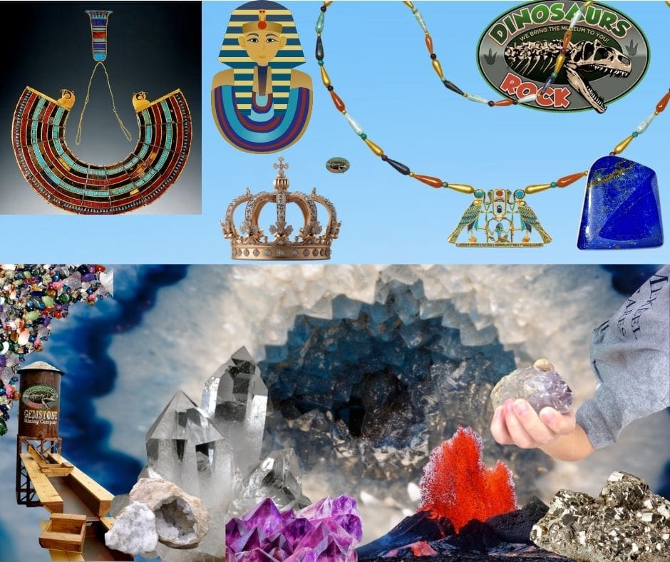 various Egyptian necklaces for Gems in Archeology and the gem mining sluice with a volcano and gems that can be found in our programs