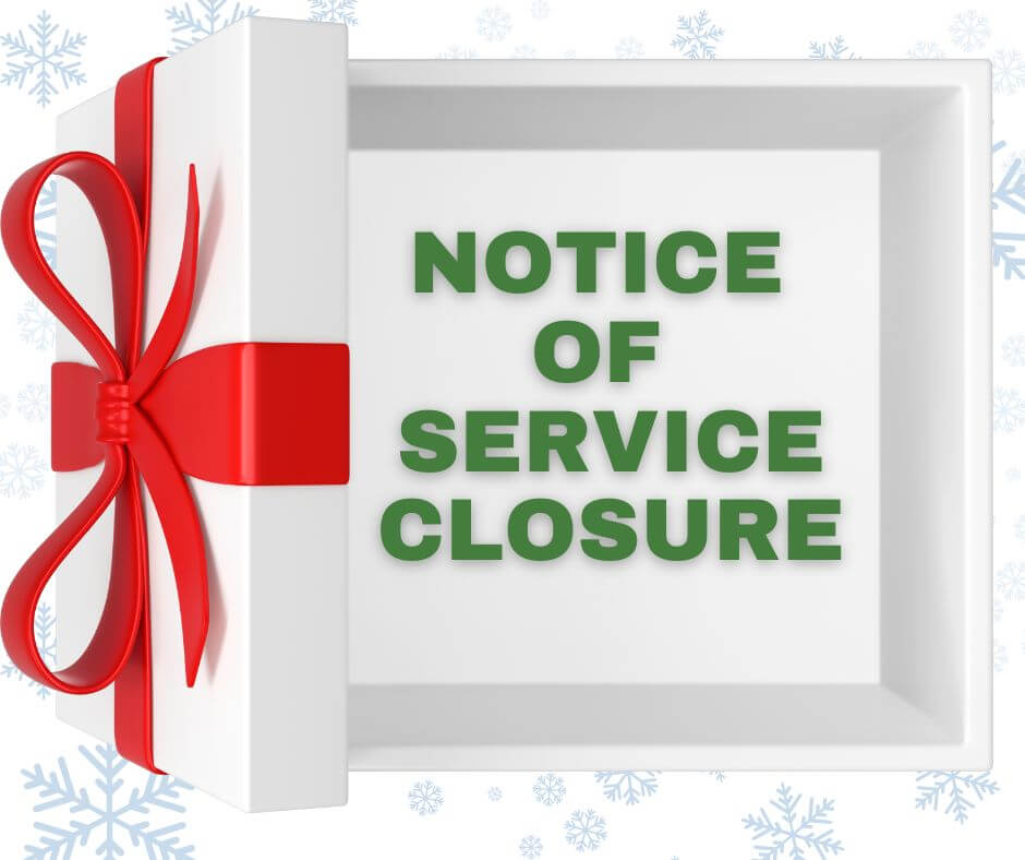 Notice of service closure gift box with holiday ribbon, accounting and tax advisory update in Georgia