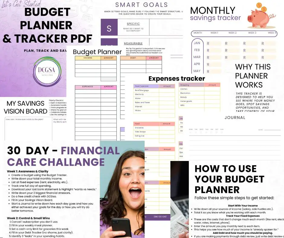 Free downloadable budget planner and savings tracker from DCGsa to help South Africans manage their debt and finances effectively.