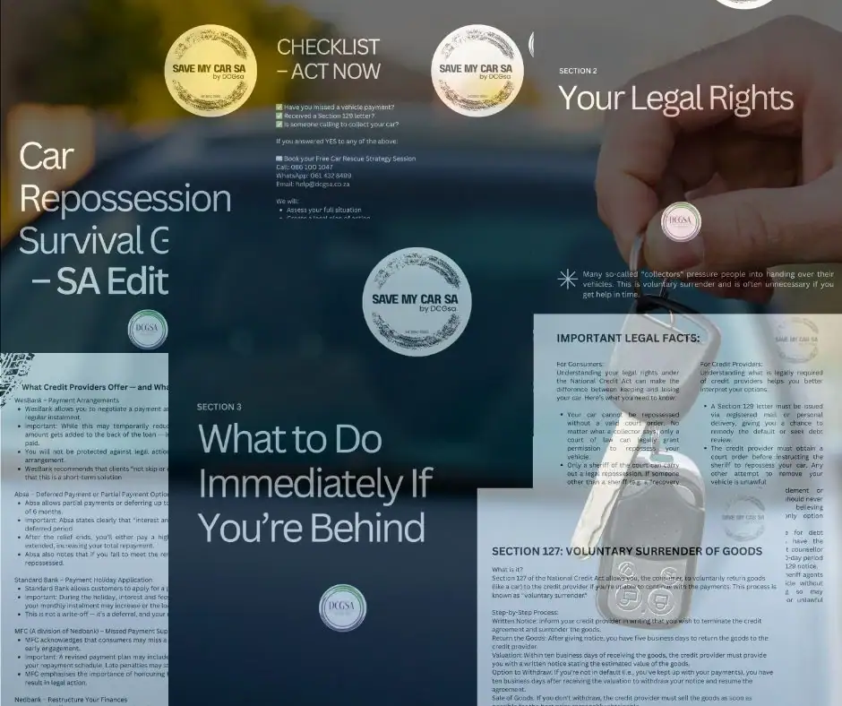 Collage of car repossession guide pages showing legal rights, action steps, Section 127 surrender, and free car rescue strategy checklist by Save My Car SA