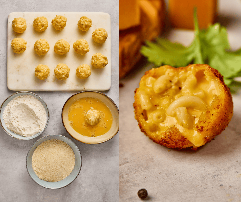 The breading process for Mac and Cheese Bites showing chilled mac and cheese balls being dipped in egg wash and flour.