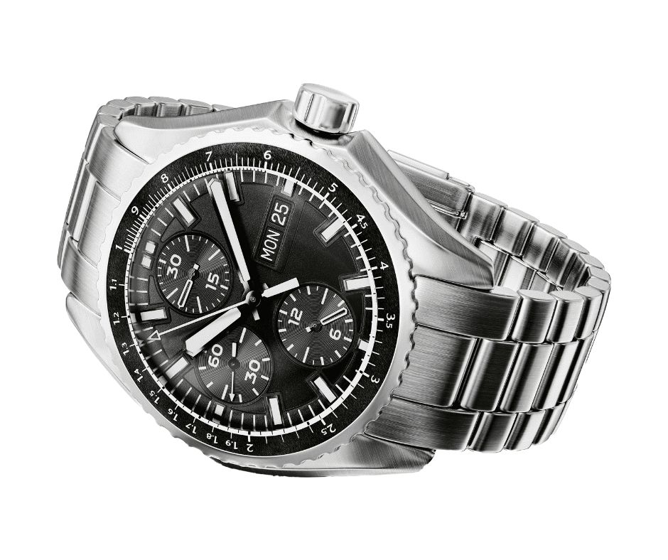 Luxury stainless steel chronograph watch&mdash;a perfect surface for custom metal engraving.
