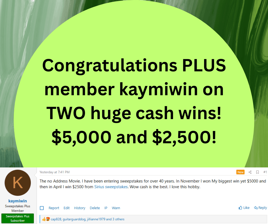 cash sweepstakes winner Kaymiwin