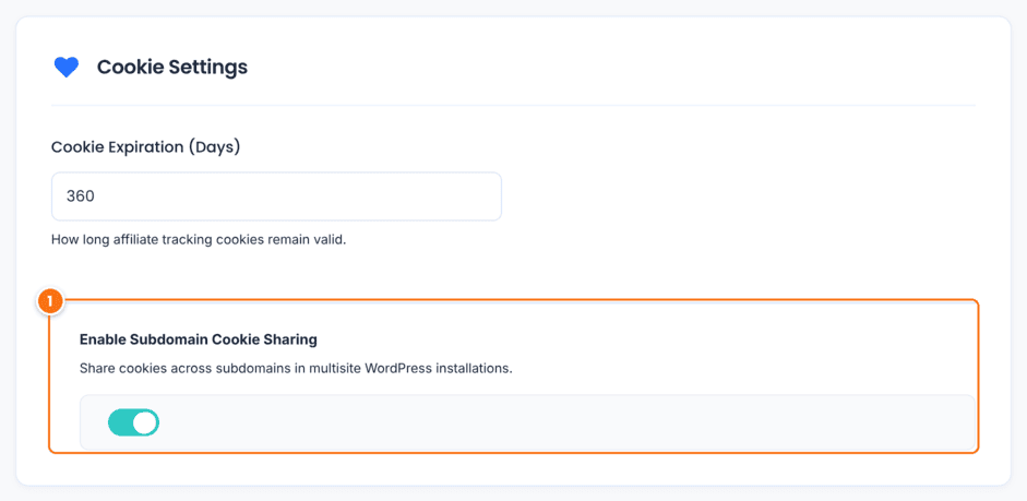 Cookie Settings card in the General Settings of Ultimate Affiliate Pro with Cookie Expiration 360 days and the Enable Subdomain Cookie Sharing switch turned on