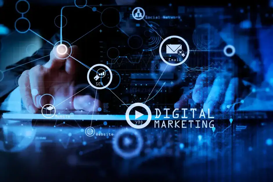 A laptop and smartphone placed on a wooden table, surrounded by vibrant icons representing various social media platforms