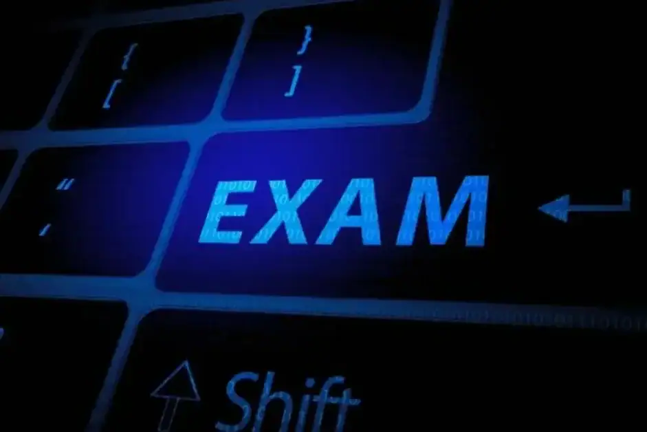 confident student standing at a podium with books in hand, ready to conquer exams with self-assured determination