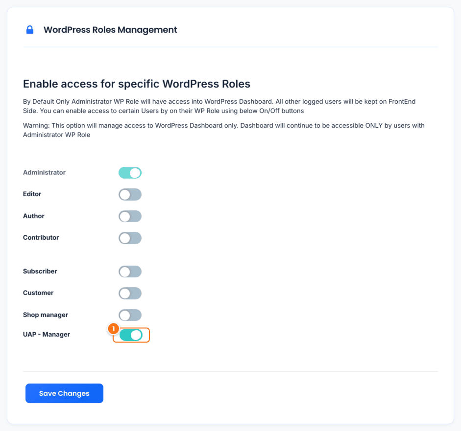 WP Dashboard Access settings in Ultimate Affiliate Pro with the WordPress Roles Management list and the UAP - Manager switch turned on