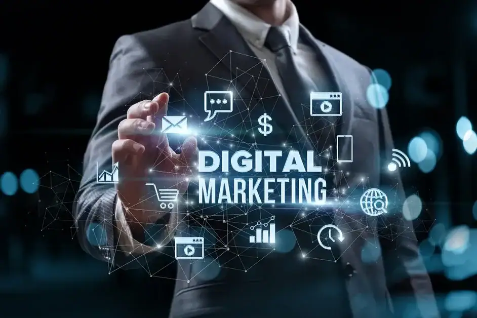 a diverse team brainstorming ideas around a digital marketing strategy on a modern, collaborative whiteboard