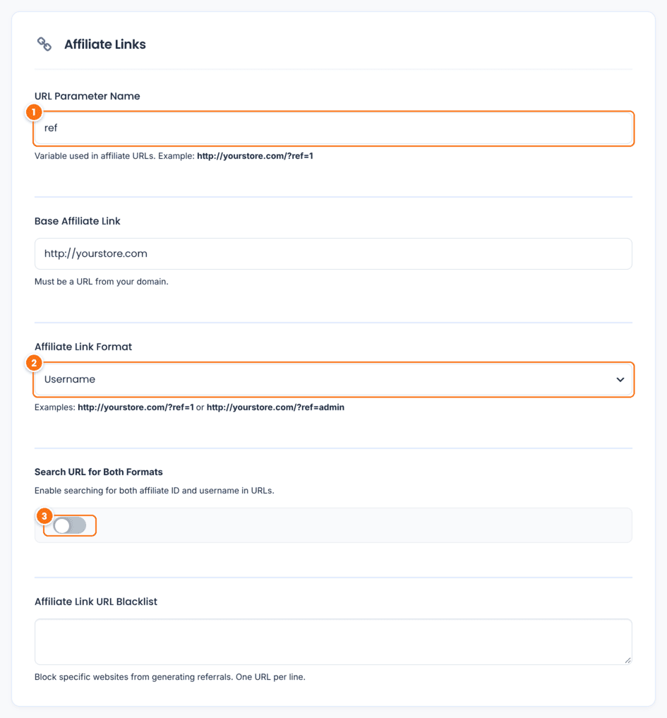 Affiliate Links settings in Ultimate Affiliate Pro with URL Parameter Name set to ref, Affiliate Link Format set to Username and the Search URL for Both Formats switch