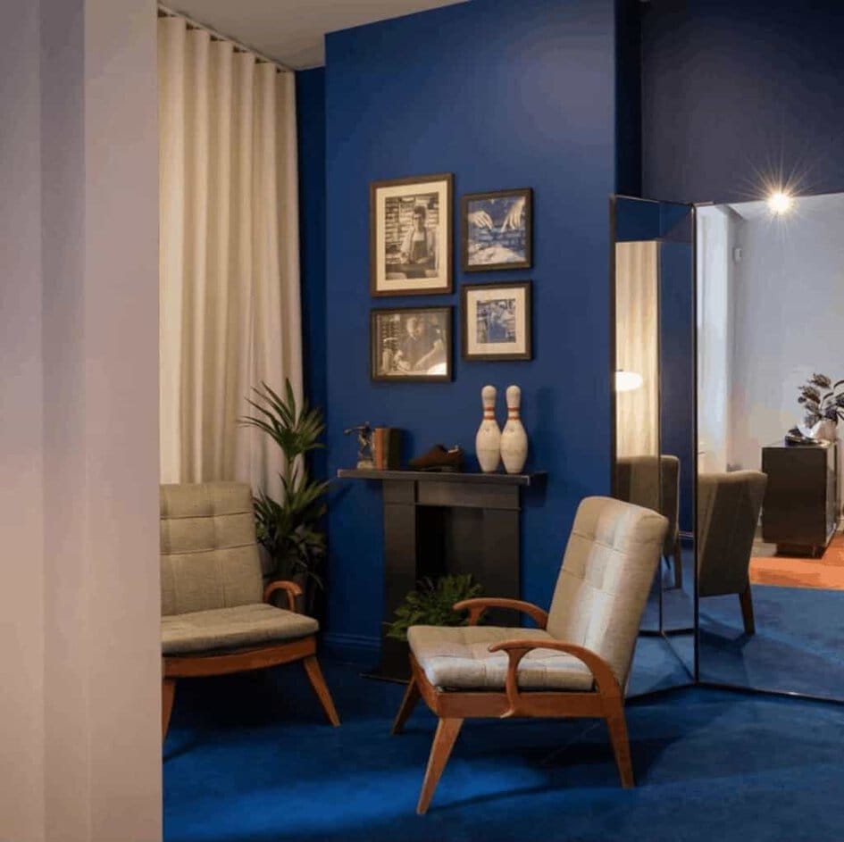 The blue room designed by Flair Studio for the new Velasca flagship store in Chiltern street