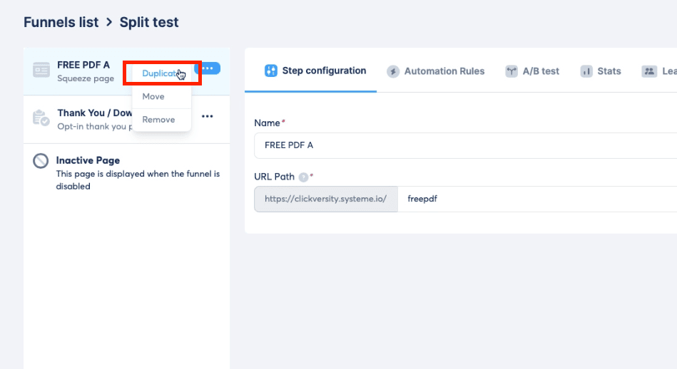 systeme.io duplicate page