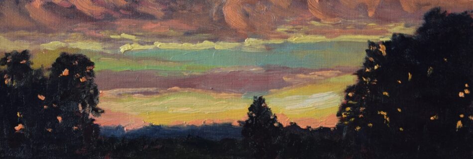 An oil painting of a dramatic cloudy sky sunset painted by Andrea Bocedi