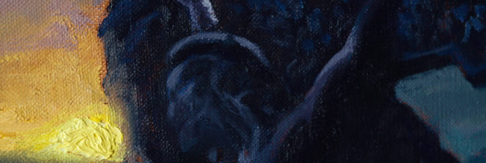 Detail of the dark weathered cross against warm evening light, original oil painting by Andrea Bocedi