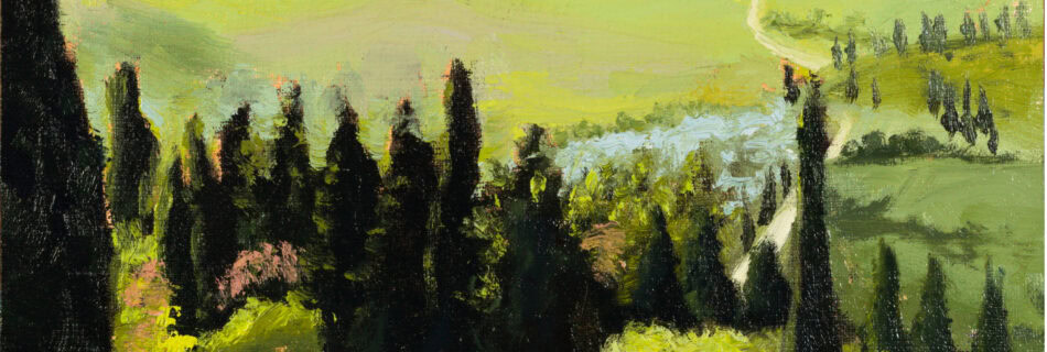 Original oil painting of rolling Tuscan hills and cypress trees near Pienza, Tuscany, Italy by Andrea Bocedi.
