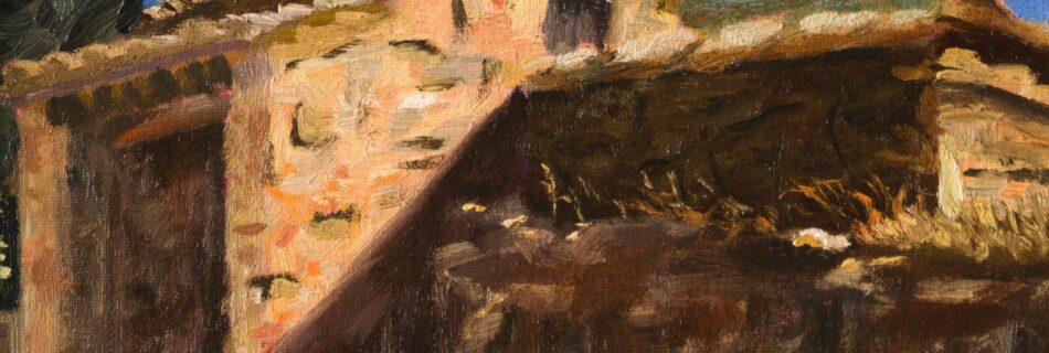 Original Tuscan oil painting showing a rustic stone oven and sunlit Italian architecture under a blue sky