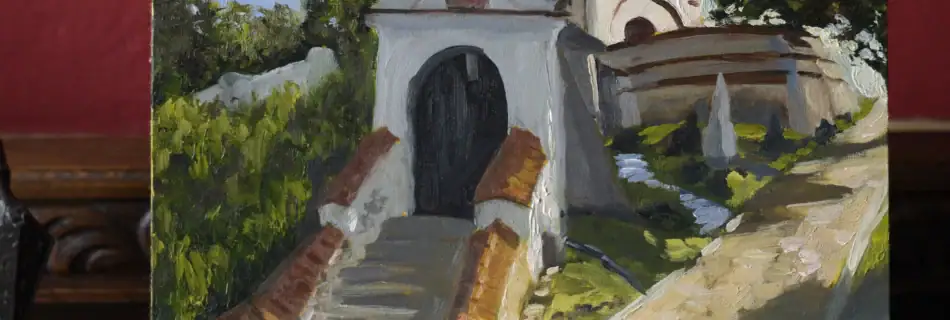 Kazimierz Dolny Franciscan Monastery oil painting displayed in Andrea Bocedi’s studio