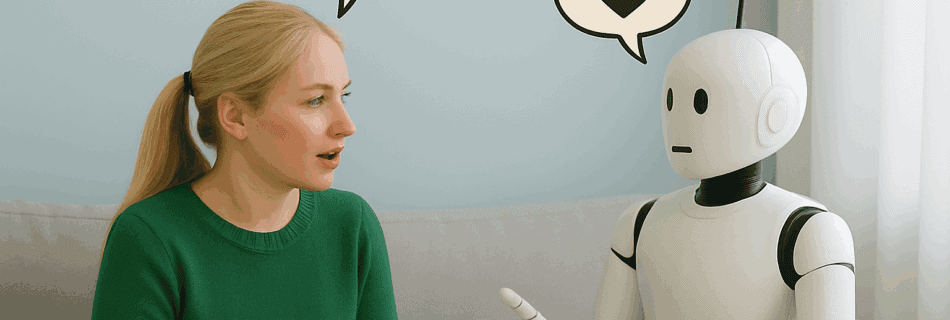 Comfortable woman talking to a friendly humanoid robot during a therapy session at Skye Ross Therapy, focusing on mental health and emotional support through innovative technology.