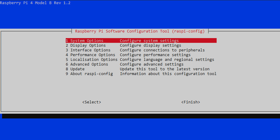 raspi config main screen