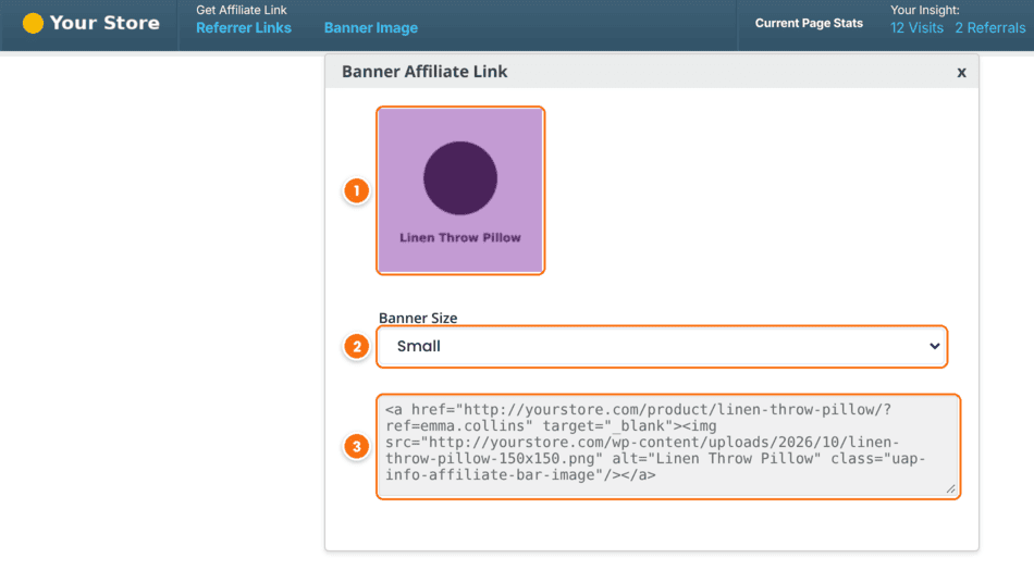 Banner Affiliate Link window under the Affiliate Bar with the product image preview, the Banner Size menu set to Small and the HTML code of the banner