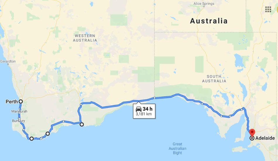 Distance Driving from Peth, Western Australia to Adelaide, South Australia via the Nullabor Plain