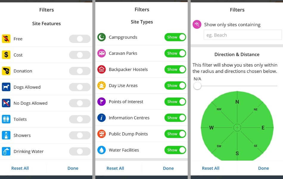 Using filter options to choose camping grounds on the Wiki Camps AU App.