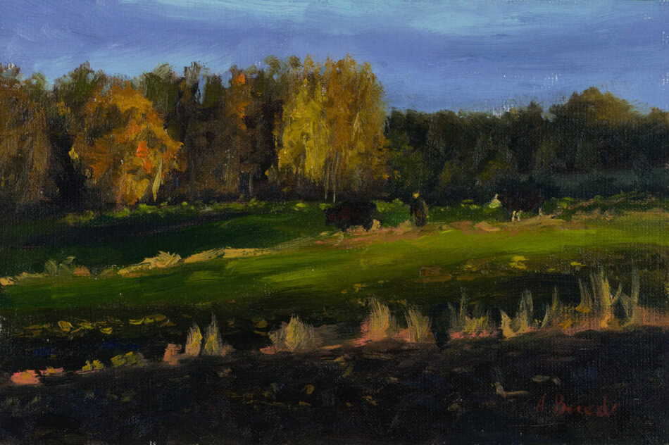 Cattle Grazing original oil painting of cows in a green countryside landscape by Andrea Bocedi, 20 x 30 cm