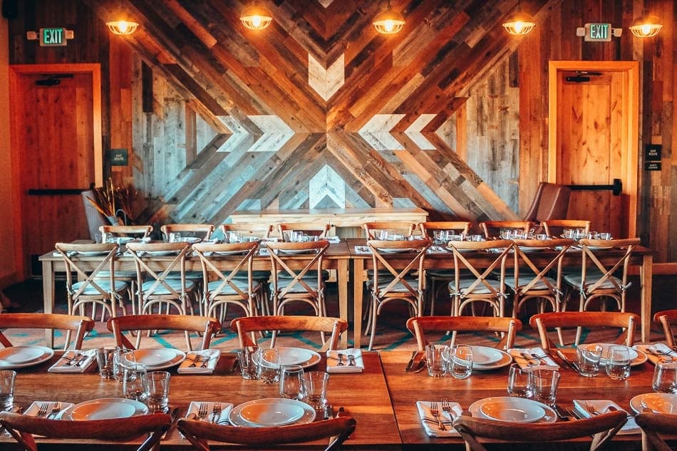 Wood art in a dining room at Rush Creek Lodge near Yosemite National Park