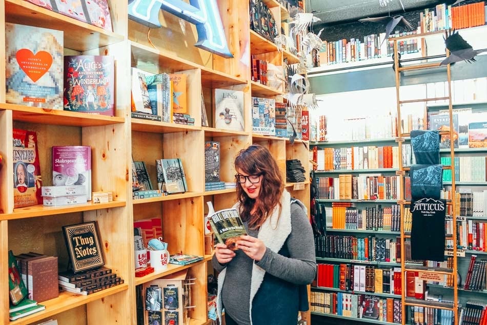 Girl reading in a bookstore in Park City, Utah.