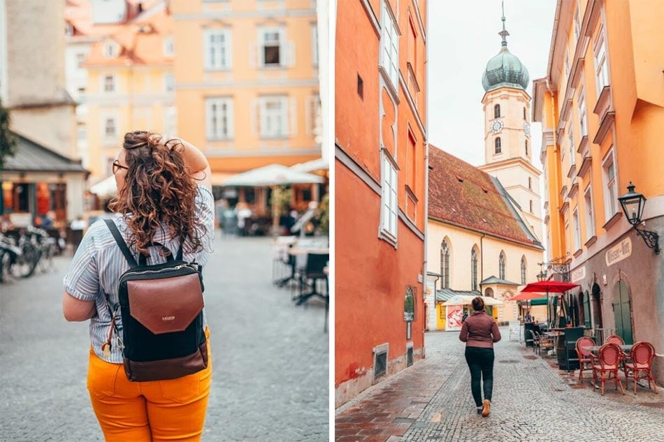 Girl walking through the streets of the Graz City Center.