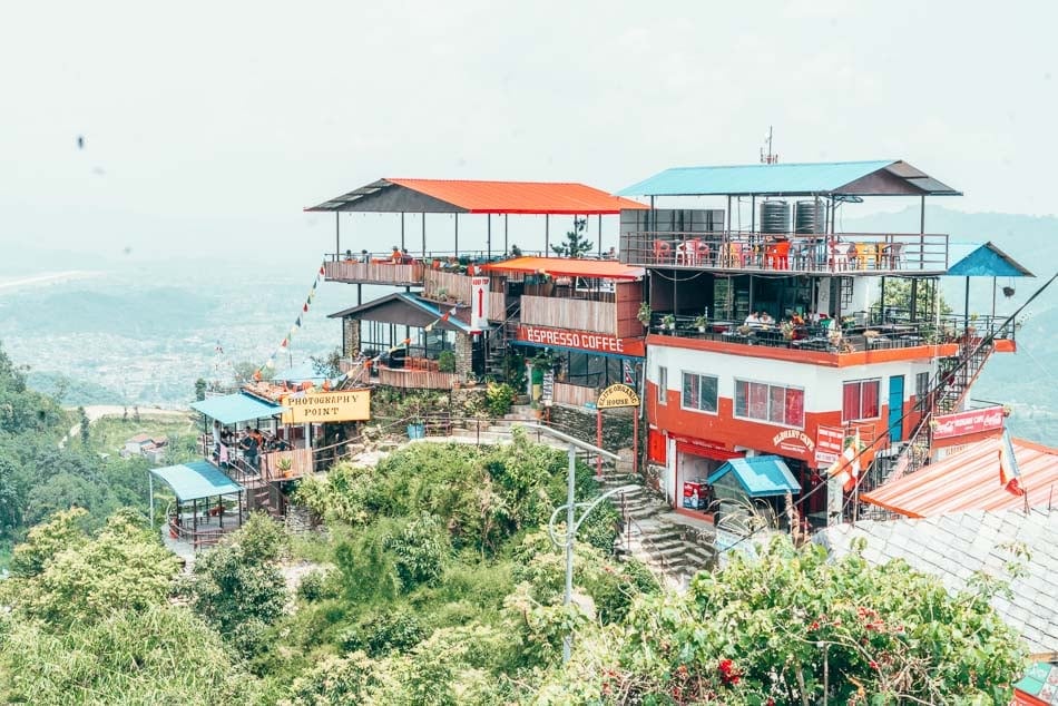 An overlook filled with shops and restaurants along the hike to the World Peace Pagoda in beautiful Pokhara, Nepal.