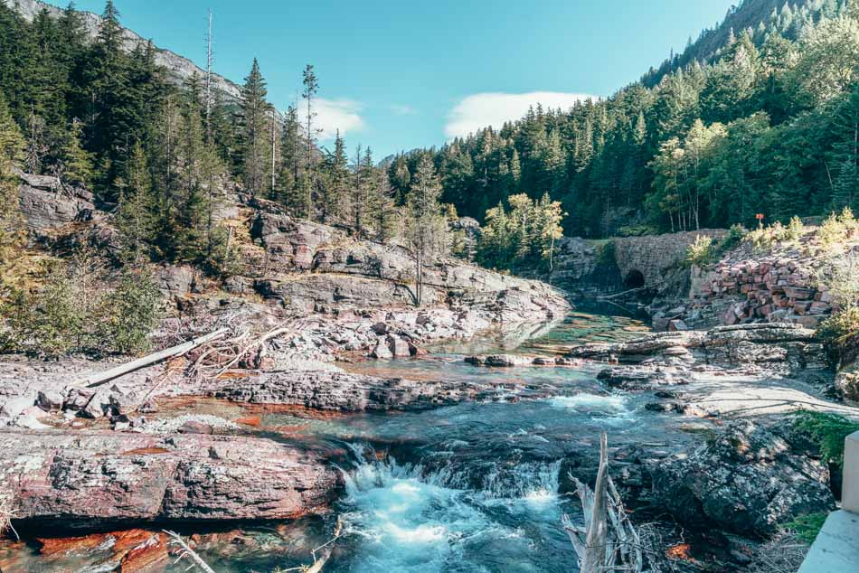 Gushing waterfall in Glacier National Park, Montana.
