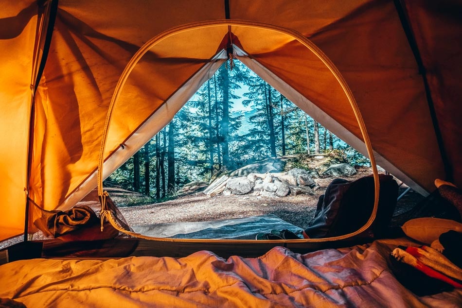 Forest and mountain views from inside a tent on a camping trip.